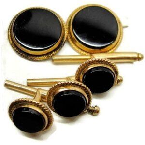 1/20 14K GF Cufflinks 3 Shirt Buttons Set Round Black Onyx Twisted Rope Edge Men
